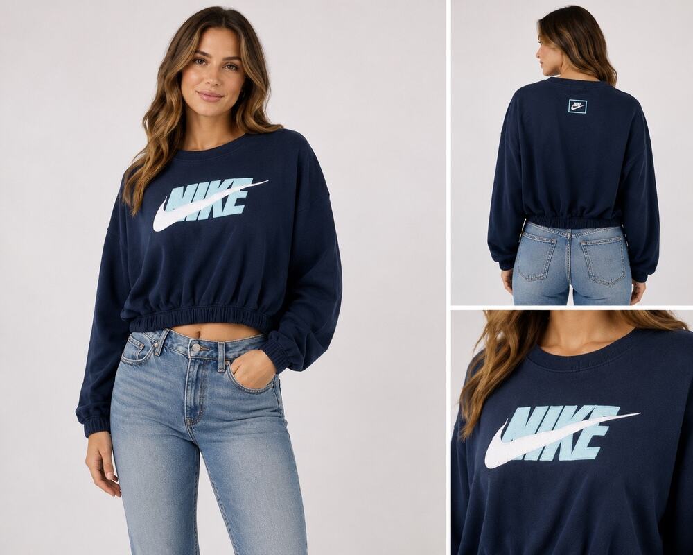 Nike Women’s Large Navy Cropped Logo Crewneck Sweatshirt Oversized Athleisure